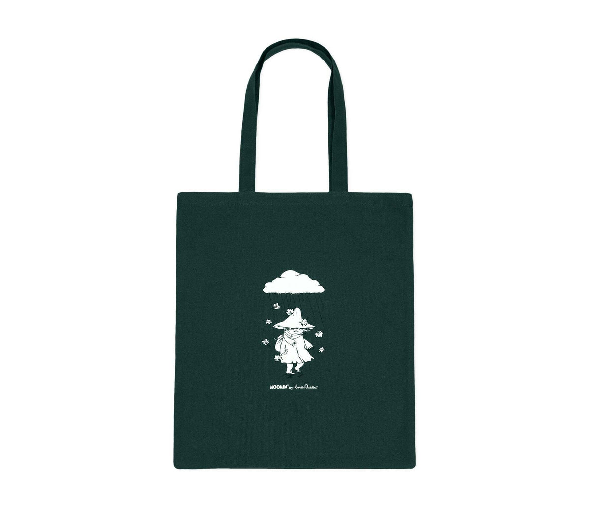 2. Studio image of green Snufkin tote bag by Moomin featuring Snufkin illustration and Moomin by NordicBuddies branding