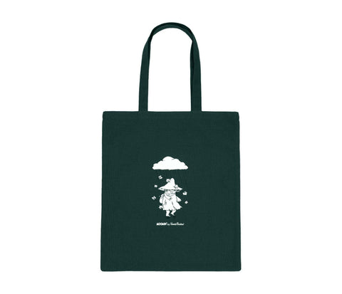2. Studio image of green Snufkin tote bag by Moomin featuring Snufkin illustration and Moomin by NordicBuddies branding