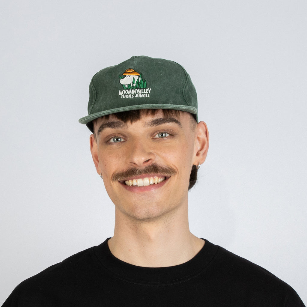 1. Male model wearing Moomin Washed Denim Adult Cap in Denim Green by NordicBuddies, front view