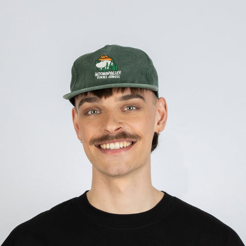 1. Male model wearing Moomin Washed Denim Adult Cap in Denim Green by NordicBuddies, front view