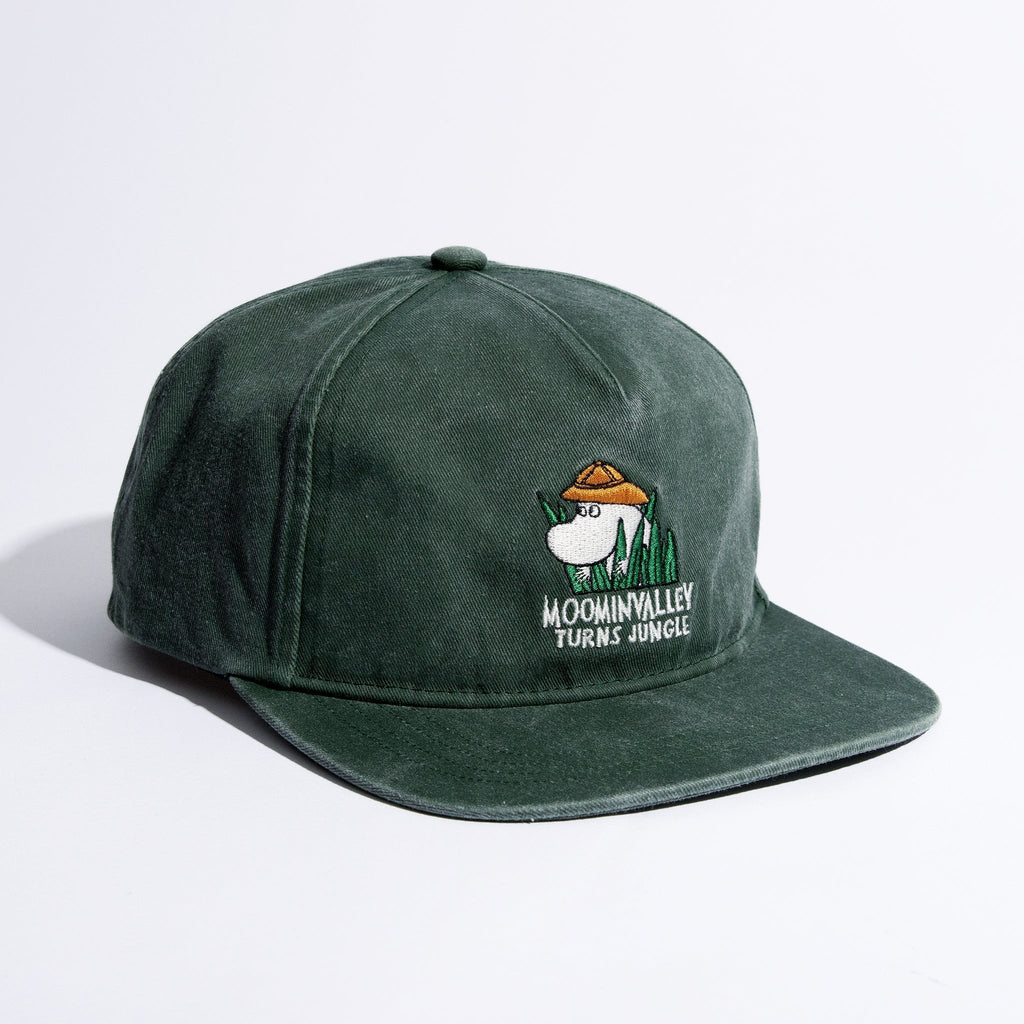 3. Studio shot of Moomin Washed Denim Adult Cap in Denim Green with Moominvalley Turns Jungle embroidery