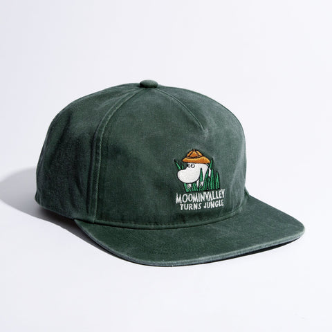 3. Studio shot of Moomin Washed Denim Adult Cap in Denim Green with Moominvalley Turns Jungle embroidery