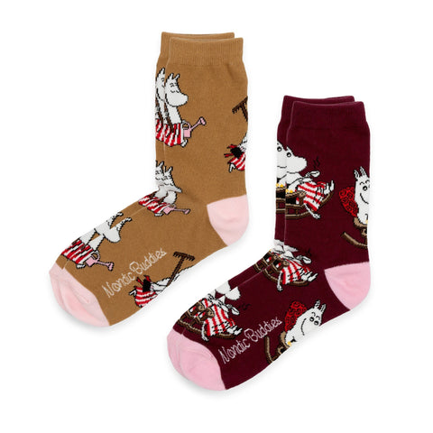 4. Pair of brown and burgundy socks with Moomin character designs by NordicBuddies