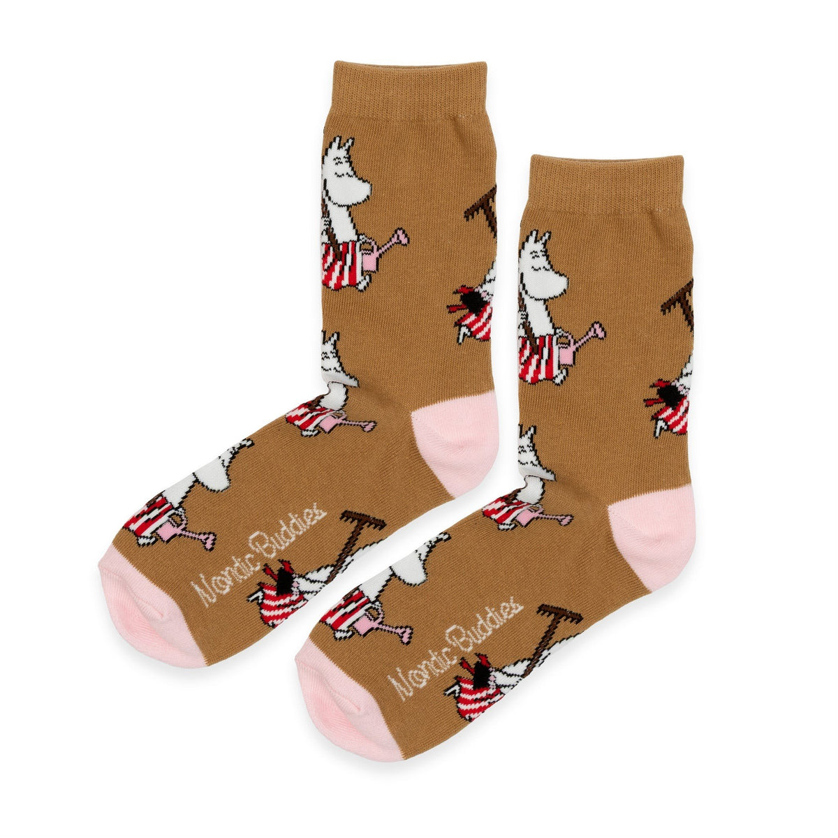 3. Brown socks with Moomin character design and pink accents by NordicBuddies