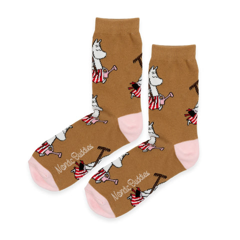3. Brown socks with Moomin character design and pink accents by NordicBuddies