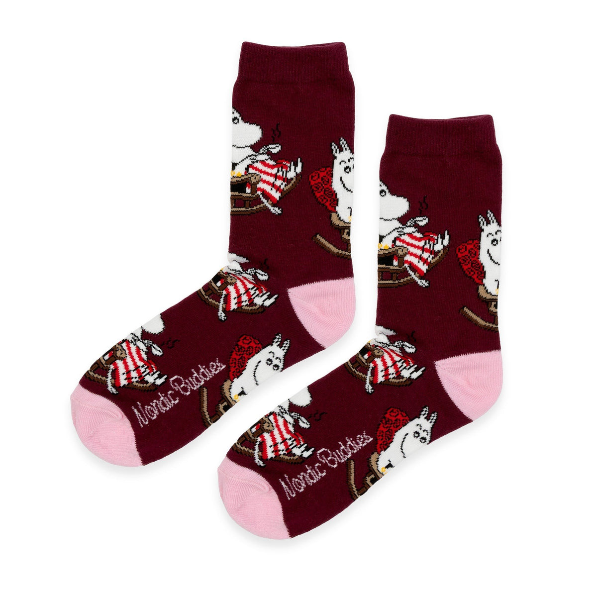 2. Burgundy socks with Moomin character design and pink accents by NordicBuddies
