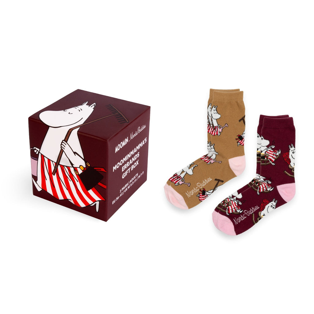 1. Moominmamma's Errands Gift Box with two pairs of socks, one brown and one burgundy, featuring Moomin characters, by NordicBuddies