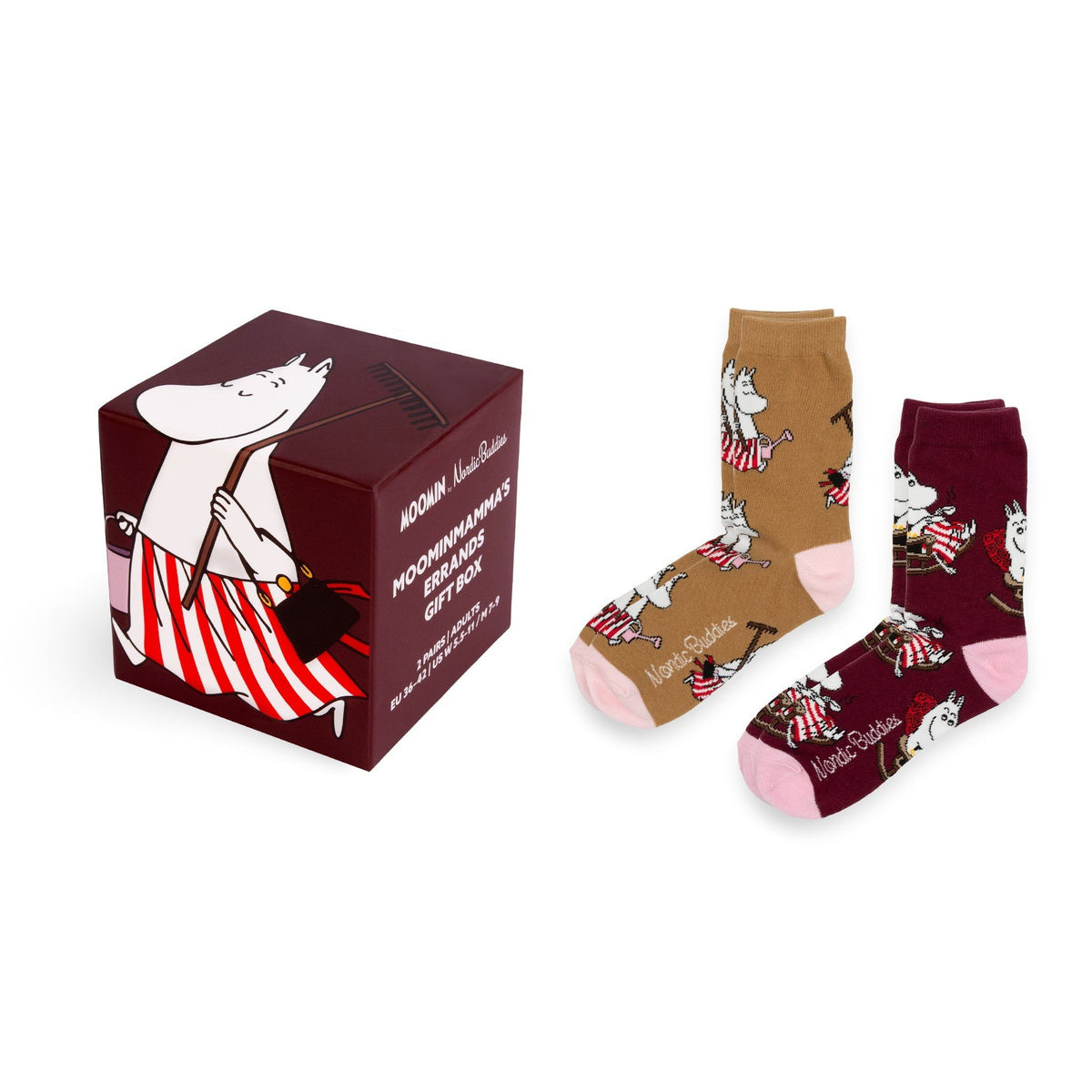 1. Moominmamma's Errands Gift Box with two pairs of socks, one brown and one burgundy, featuring Moomin characters, by NordicBuddies