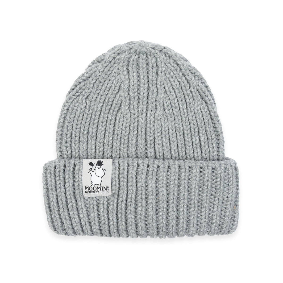 2. Studio shot of grey Moominpappa chunky beanie with ribbed texture and Moomin by NordicBuddies logo on folded brim