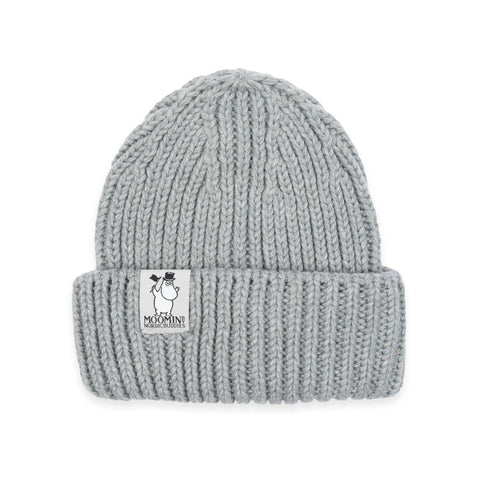 2. Studio shot of grey Moominpappa chunky beanie with ribbed texture and Moomin by NordicBuddies logo on folded brim