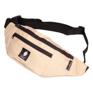 4. Studio image of Moominpappa beige waist bag with adjustable strap and secure zipper pockets