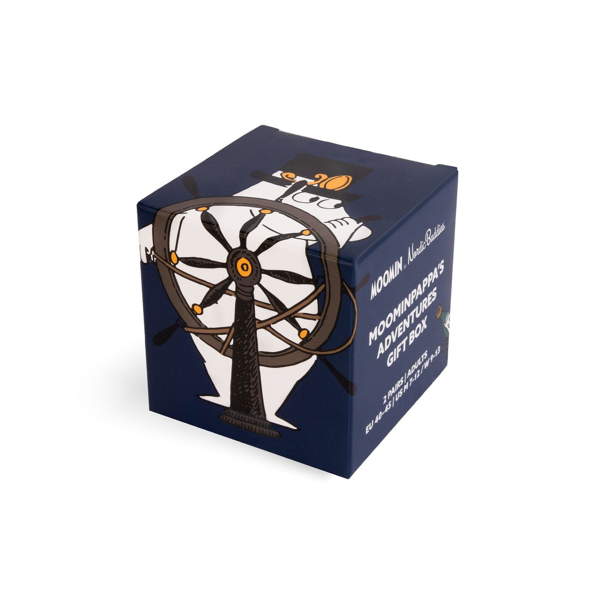 2. Moominpappa's Adventures gift box in navy with ship wheel illustration and Moomin branding by NordicBuddies