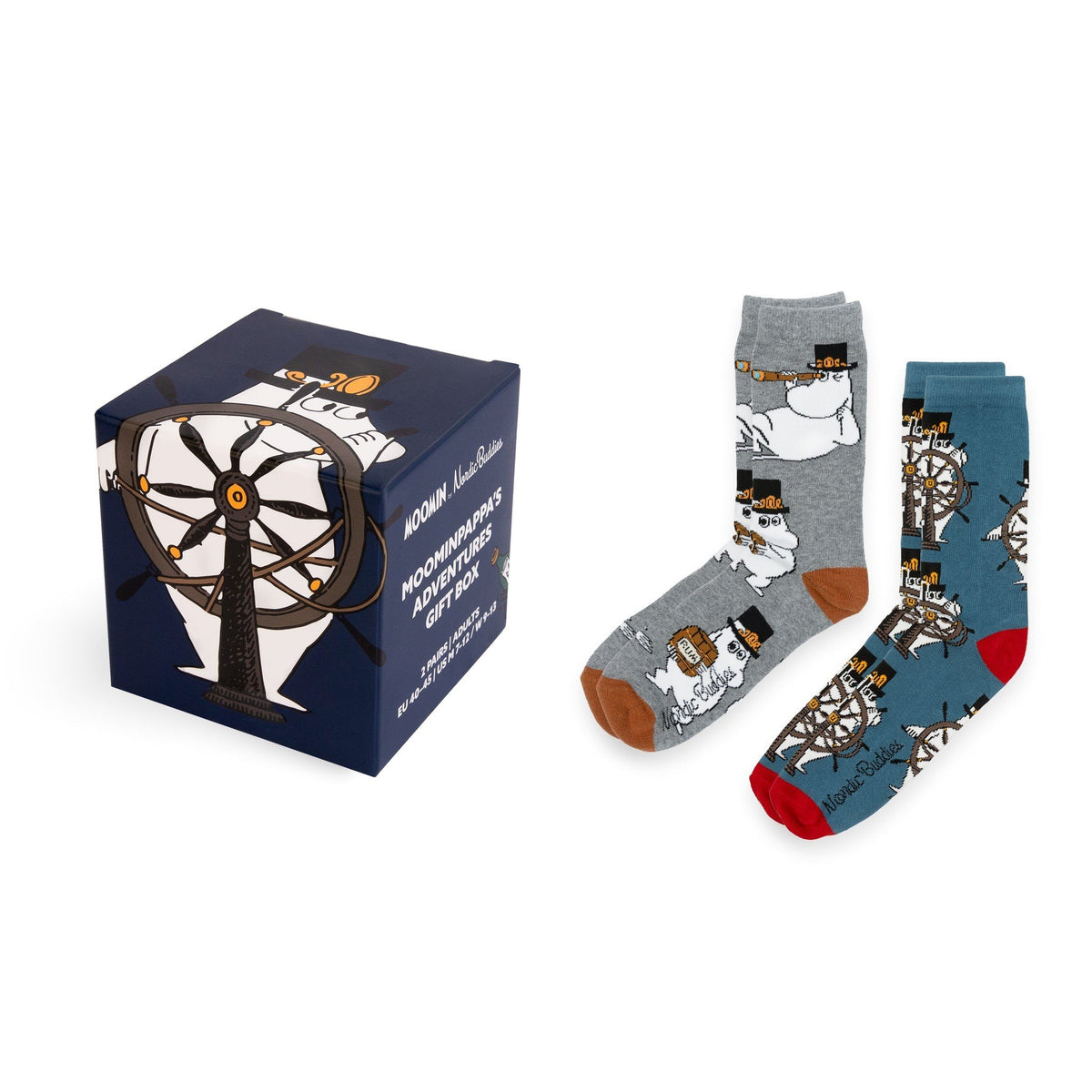 1. Moominpappa's Adventures gift box with two pairs of socks, one grey with Moominpappa print and one blue with ship wheel design, by Moomin NordicBuddies