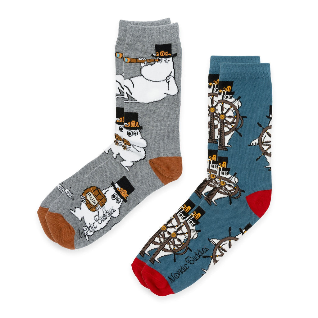 3. Two pairs of socks, one grey with Moominpappa print and one blue with ship wheel design, by Moomin NordicBuddies