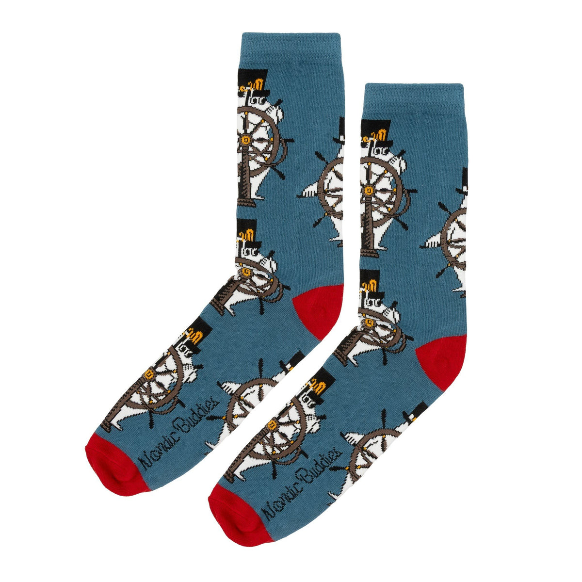 4. Blue socks with ship wheel and Moominpappa design, red toe and heel, by Moomin NordicBuddies