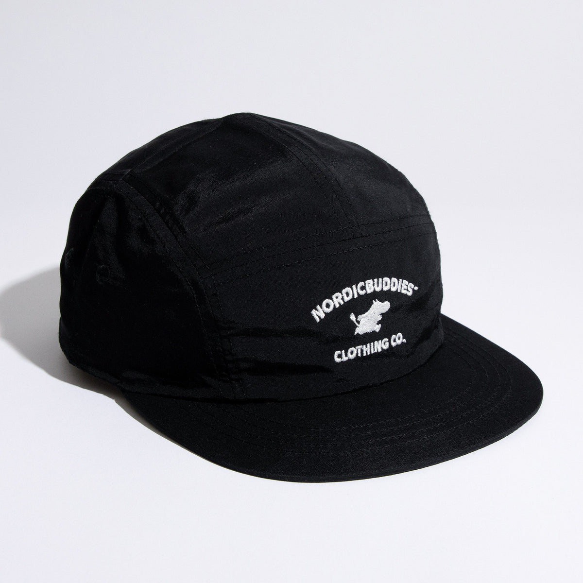 4. Studio shot of black Moomintroll Adventure 5-panel cap with NordicBuddies logo