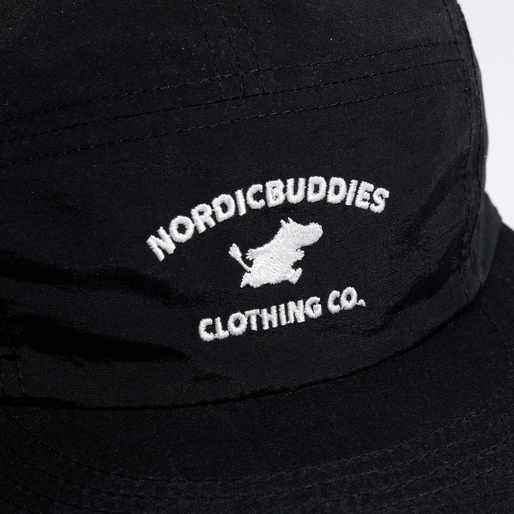 6. Close-up of NordicBuddies logo on black Moomintroll Adventure 5-panel cap