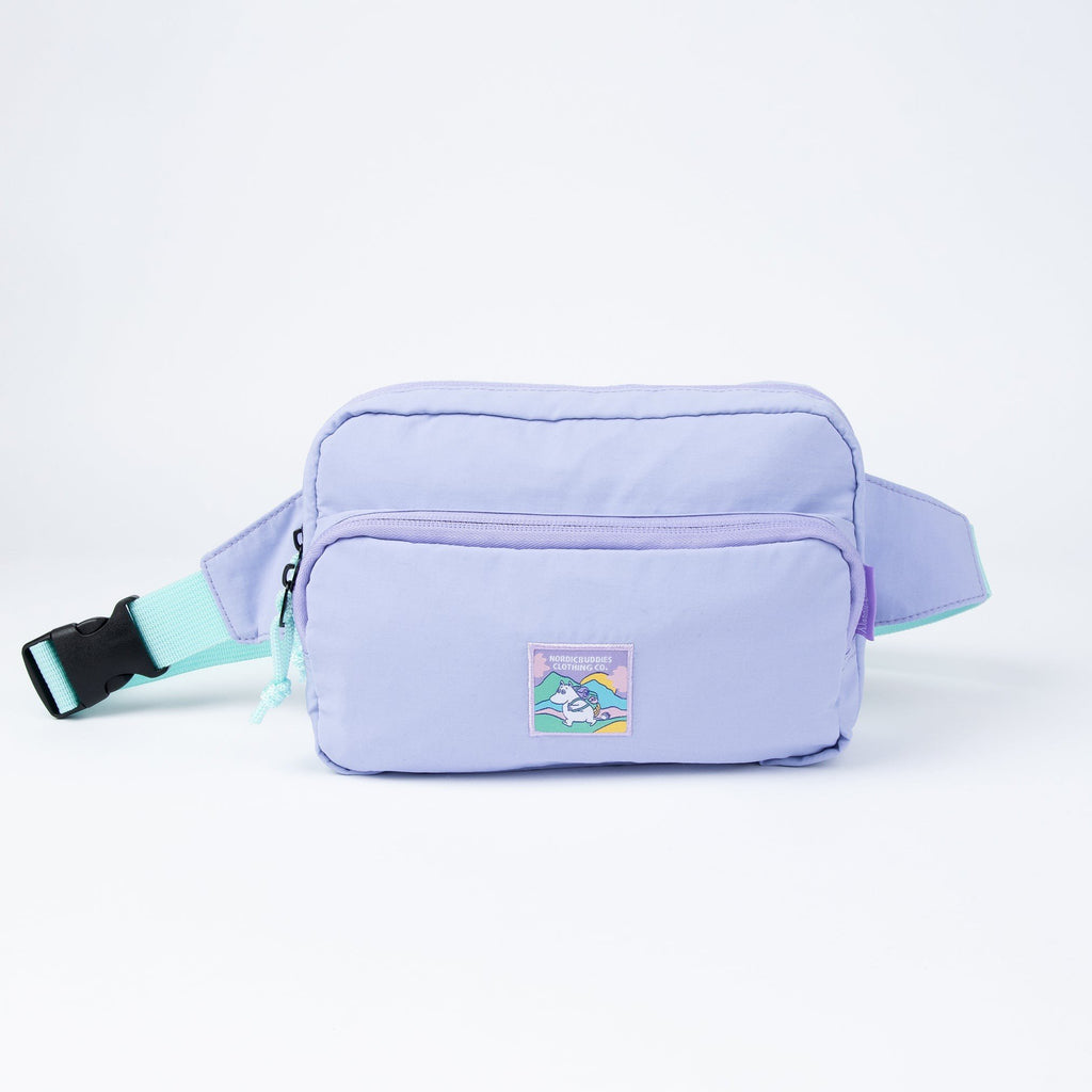 1. Lavender waist bag with Moomin patch and mint adjustable strap on white background