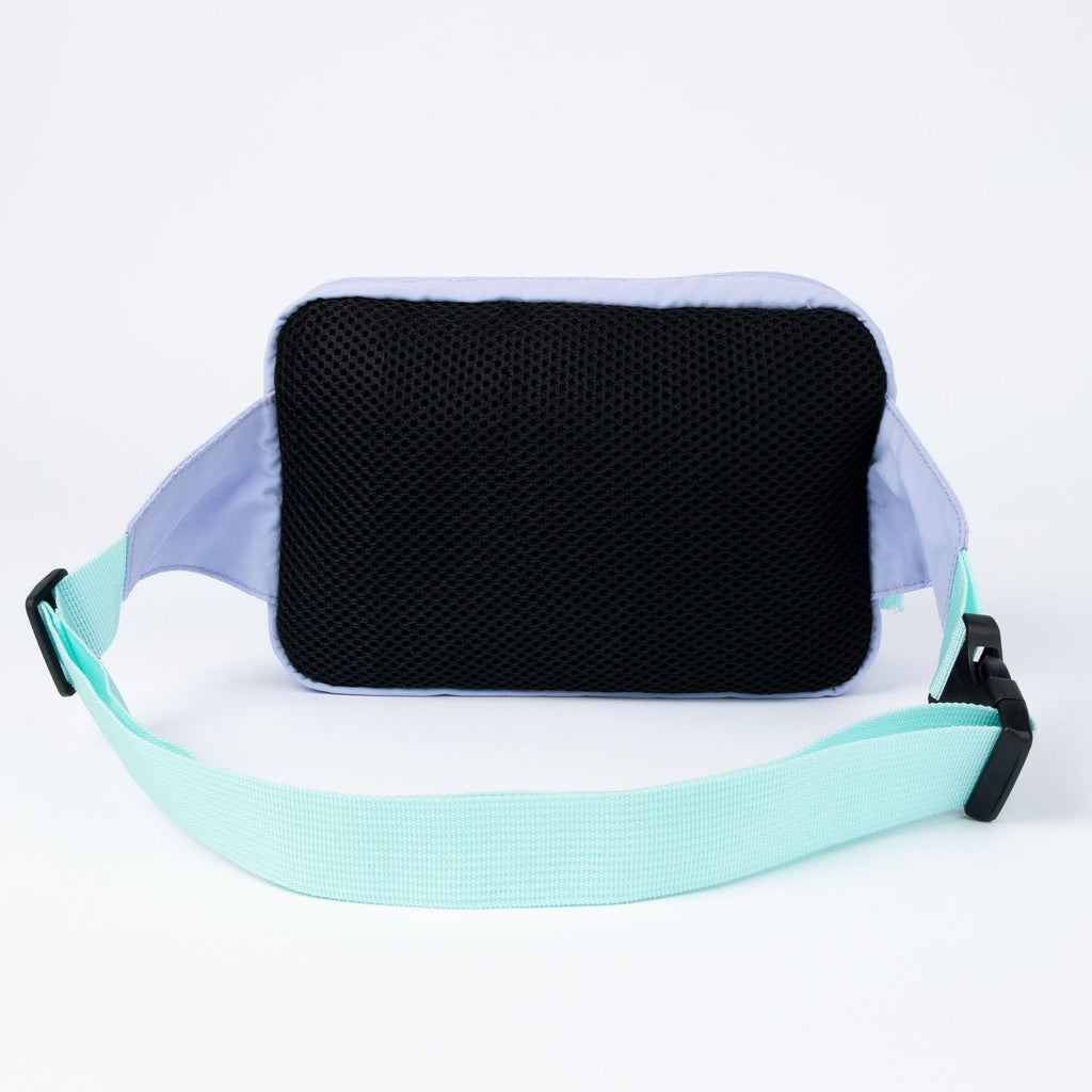 2. Back view of lavender waist bag with black mesh and mint strap