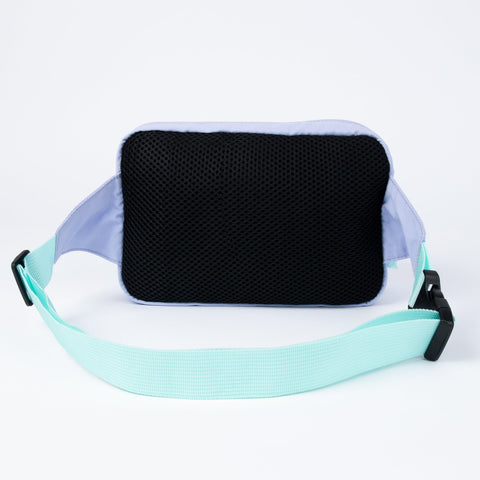 2. Back view of lavender waist bag with black mesh and mint strap