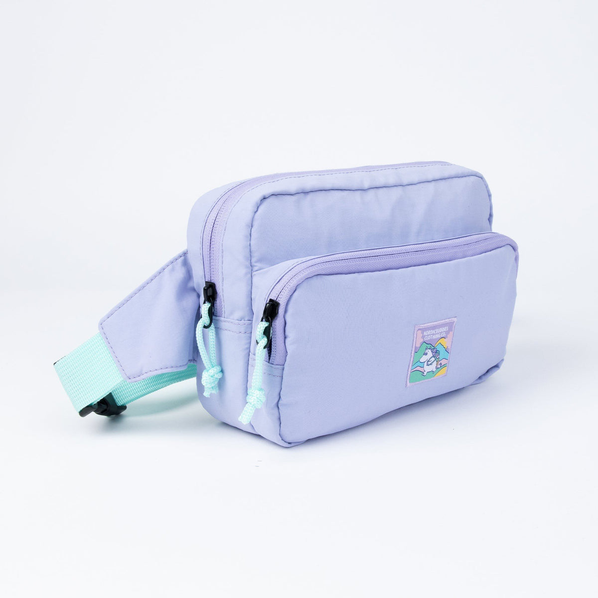 2. Side view of lavender waist bag with Moomin patch and mint strap
