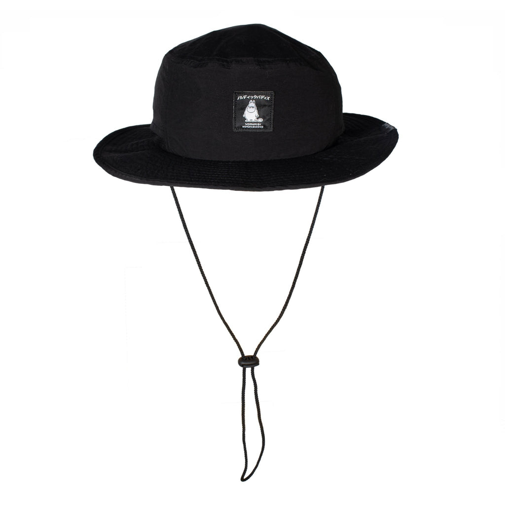 3. Studio image of Moomintroll Brimmer Hat in black, featuring adjustable chin strap and Moomin logo
