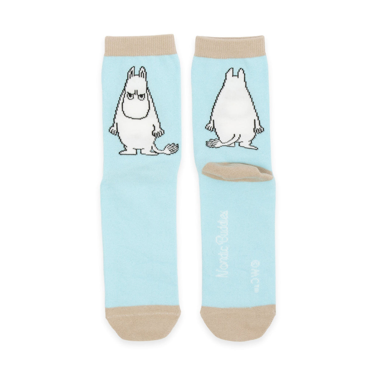 1. Women's Moomintroll Butt socks by NordicBuddies in grey, featuring playful Moomin character design, shown in flat lay