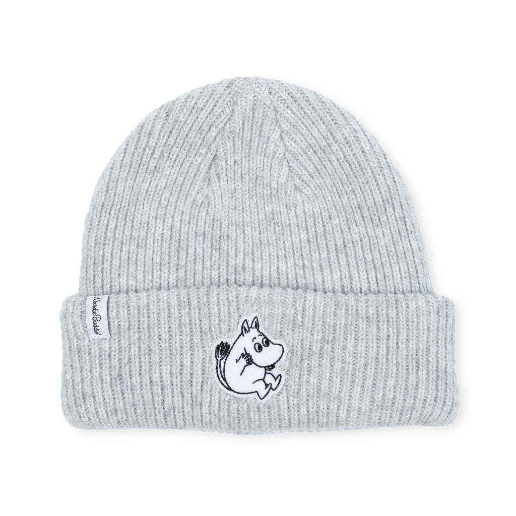 3. Studio shot of grey Moomintroll beanie with felt patch and folded brim, showing NordicBuddies label