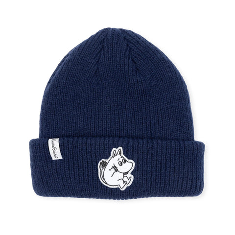 2. Navy Moomintroll beanie for kids with felt patch and NordicBuddies logo on a white studio background