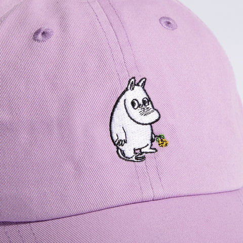 4. Close-up of Moomintroll embroidery on lavender cotton Dad Cap