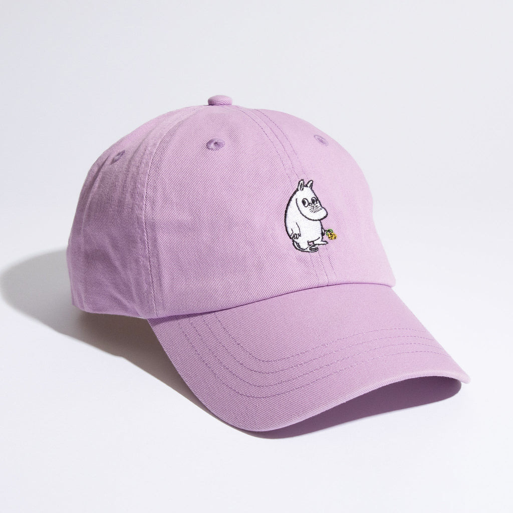2. Moomintroll Flower Dad Cap in lavender, studio shot showing front embroidery and curved brim