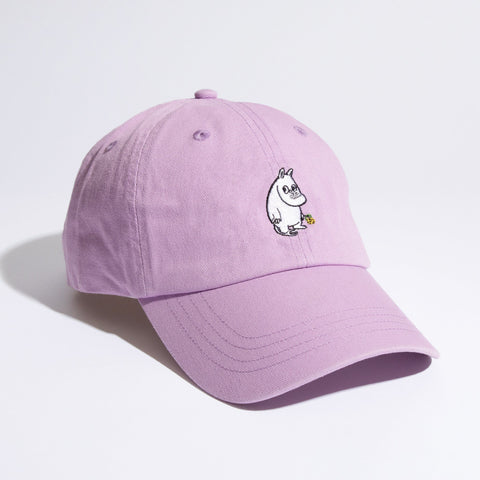 2. Moomintroll Flower Dad Cap in lavender, studio shot showing front embroidery and curved brim