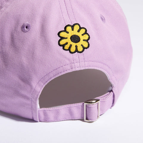 5. Close-up of flower embroidery and adjustable strap on lavender Moomintroll Dad Cap