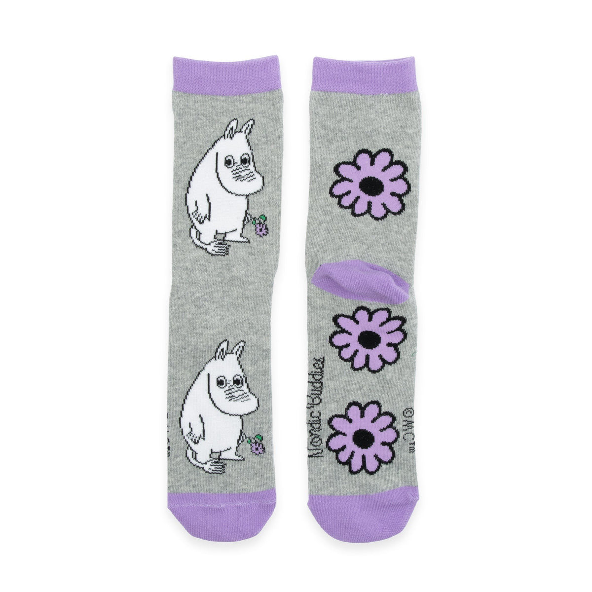 1. Women's grey Moomintroll Flower socks by NordicBuddies, featuring purple floral design and Moomin character, shown flat