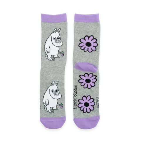 1. Women's grey Moomintroll Flower socks by NordicBuddies, featuring purple floral design and Moomin character, shown flat