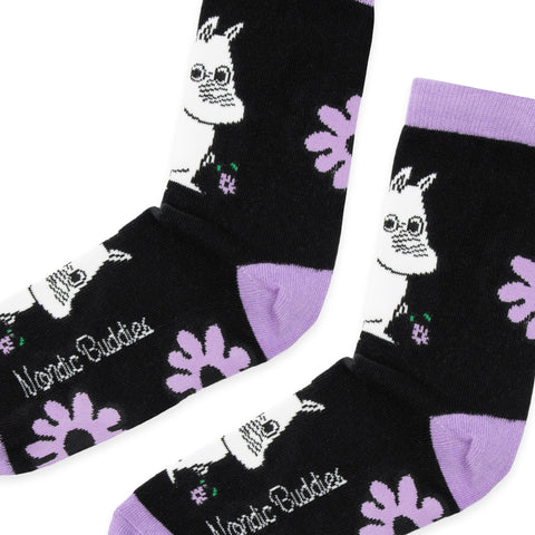 2. Close-up of Moomintroll Flower women's socks by NordicBuddies, highlighting Moomin character and purple flower details