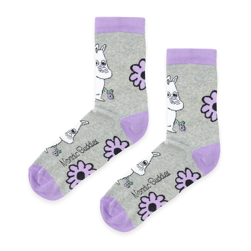 3. Studio image of Moomintroll Flower women's socks in grey with purple details, showcasing Moomin design and floral motif