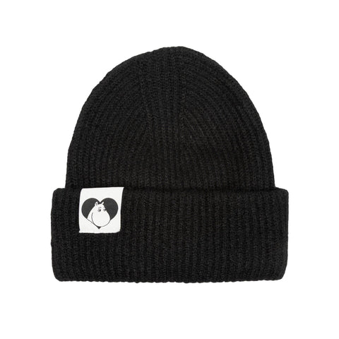 2. Black chunky beanie with Moomintroll logo on folded brim, studio background