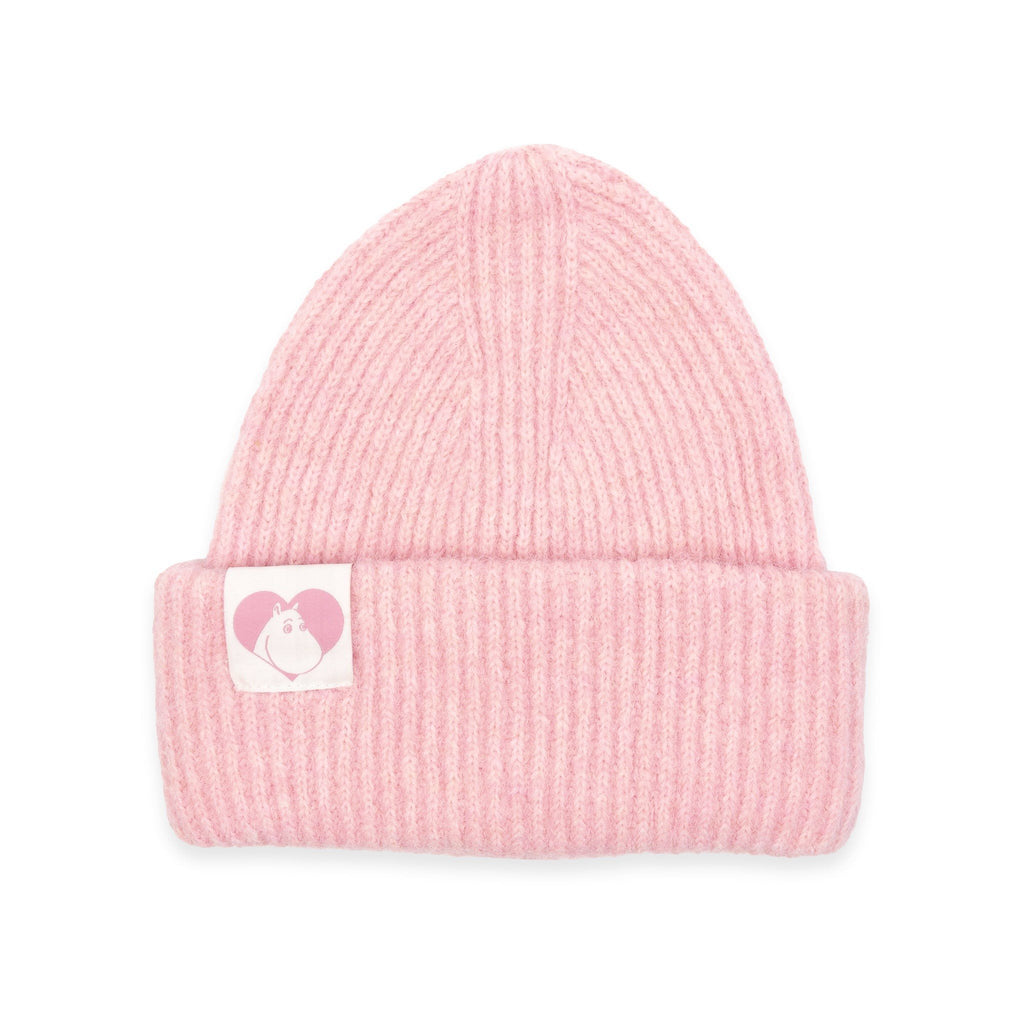 2. Studio shot of pink Moomintroll fluffy chunky beanie by NordicBuddies with logo, shown flat