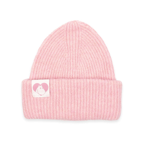 2. Studio shot of pink Moomintroll fluffy chunky beanie by NordicBuddies with logo, shown flat