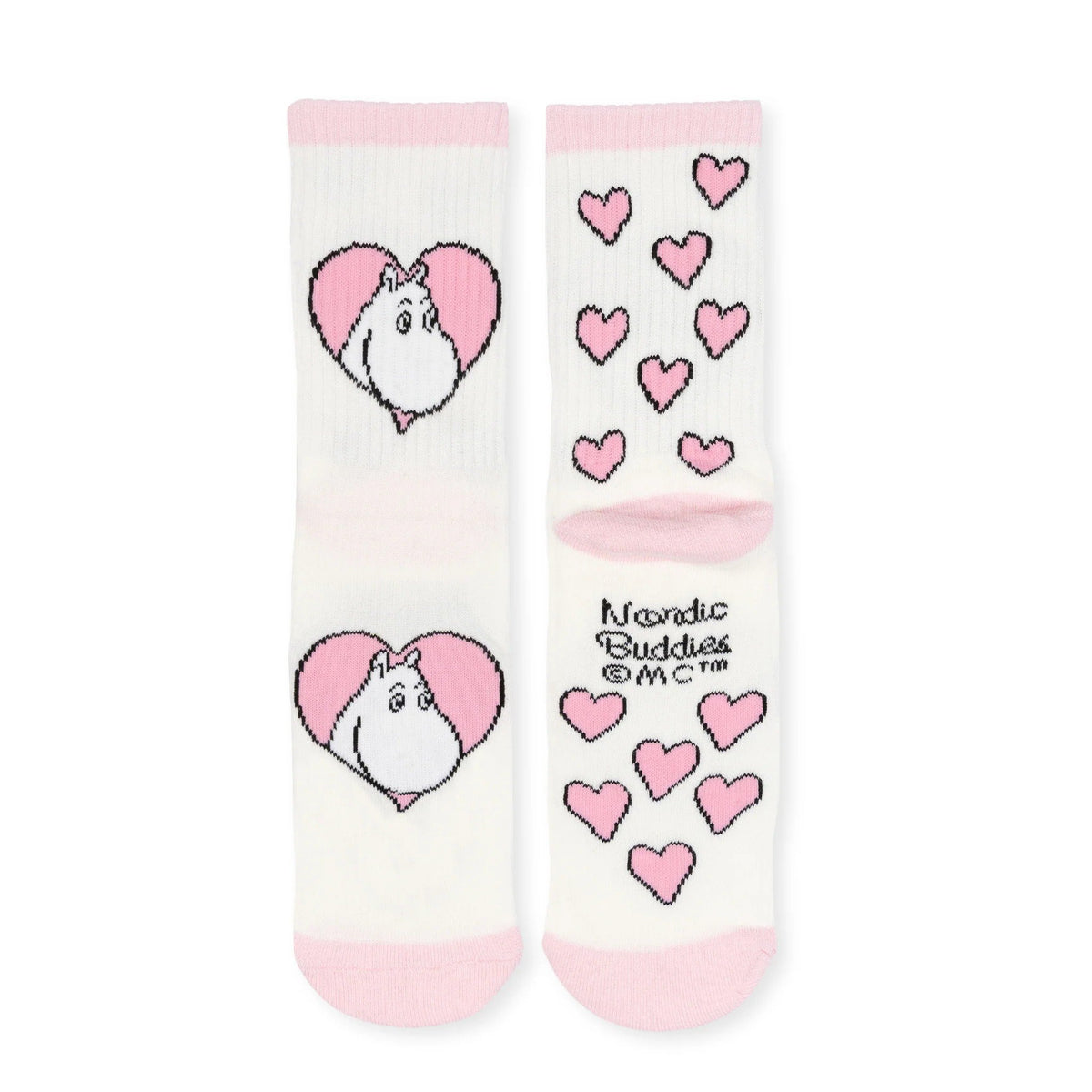 4. White socks with pink hearts and Moomin character, flat lay