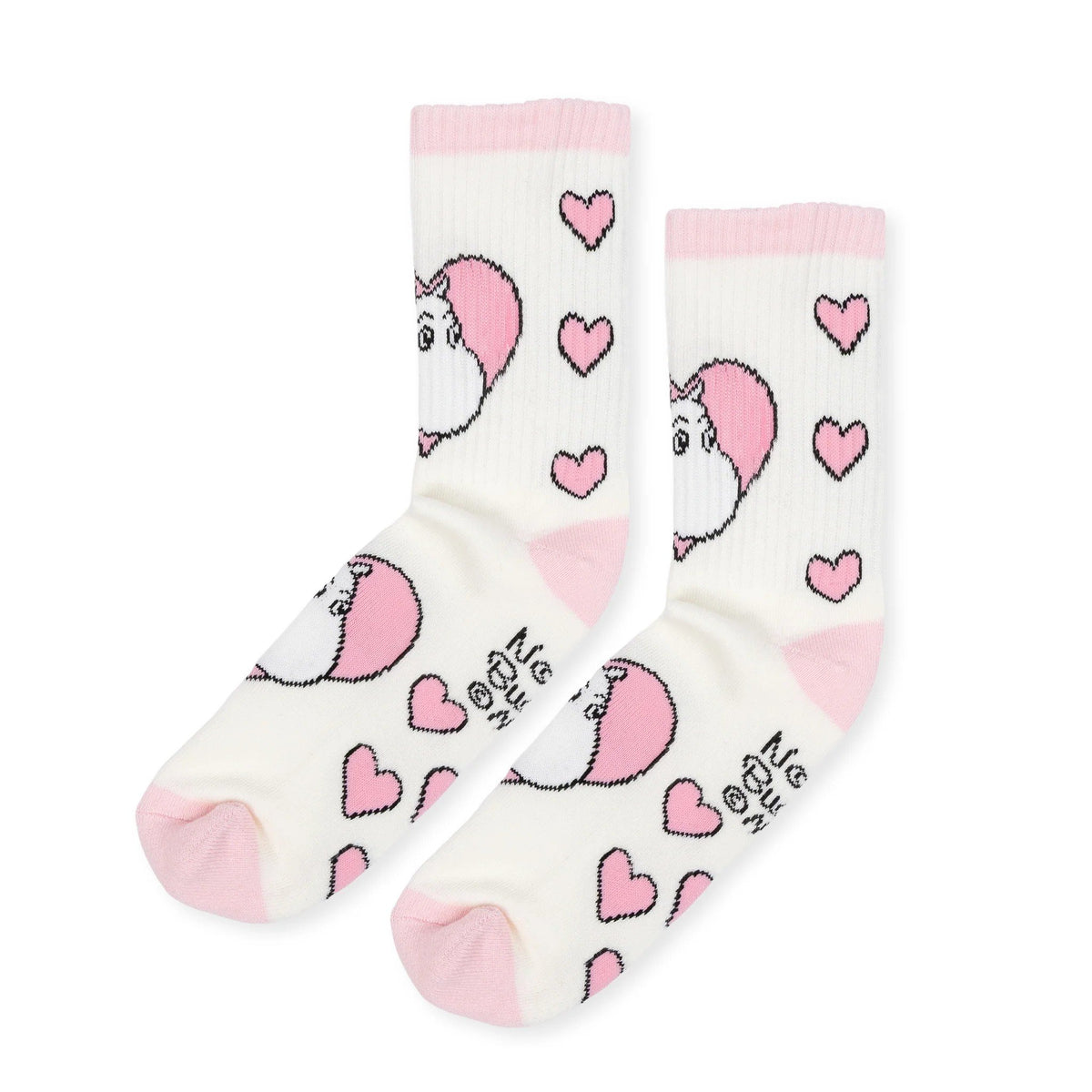 4. Pair of white socks with pink hearts and Moomin character, angled view
