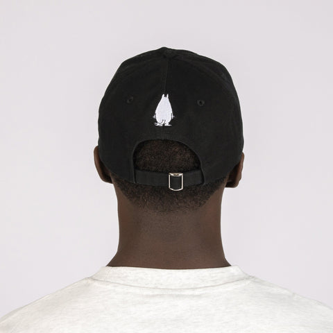 2. Back view of Moomin by NordicBuddies black dad cap with adjustable strap and Moomintroll embroidery