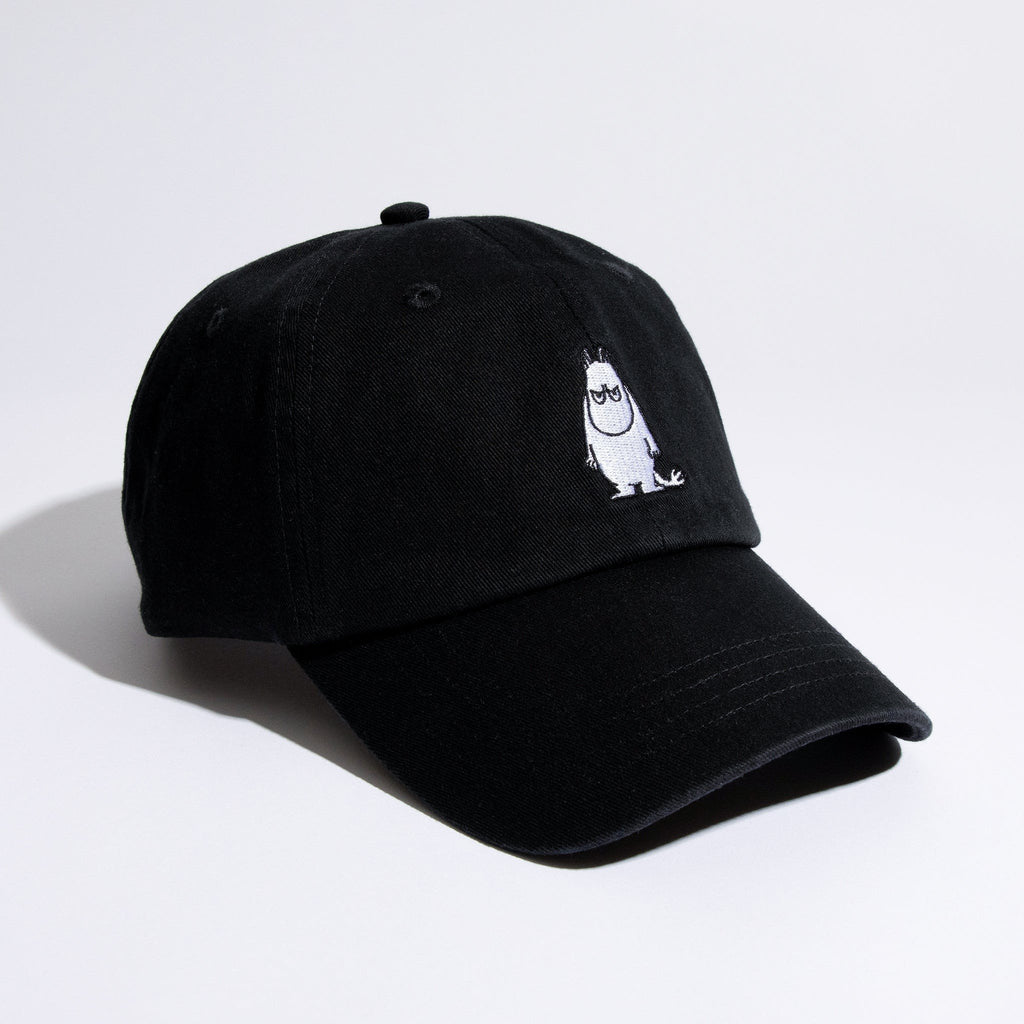 1. Moomin by NordicBuddies black cotton dad cap with Moomintroll embroidery, shown in studio setting