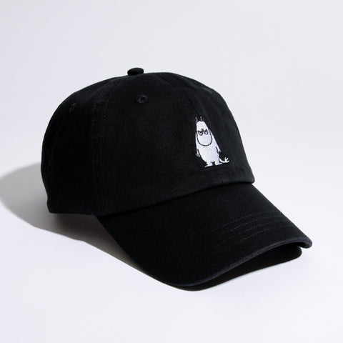 1. Moomin by NordicBuddies black cotton dad cap with Moomintroll embroidery, shown in studio setting