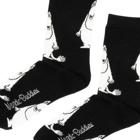 2. Close-up of Moomin by NordicBuddies black Moomintroll Grumpy men's socks highlighting white character pattern and logo