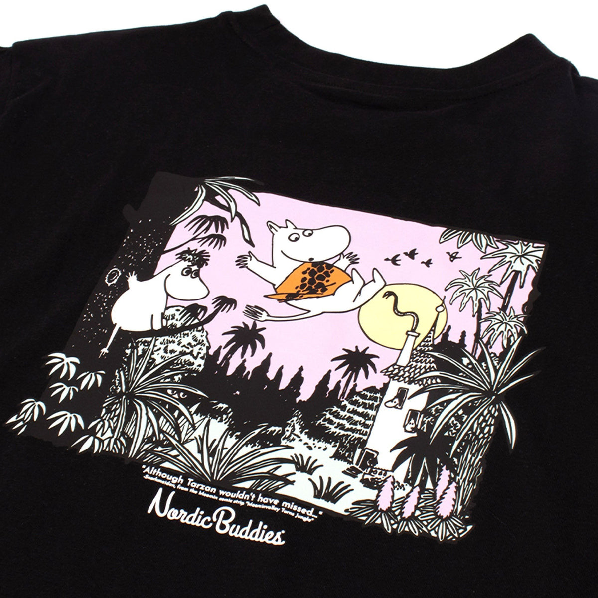 3. Close-up of colorful Moomin jungle design on black t-shirt with NordicBuddies logo