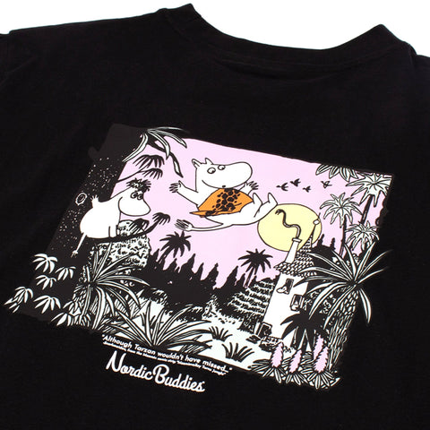 3. Close-up of colorful Moomin jungle design on black t-shirt with NordicBuddies logo