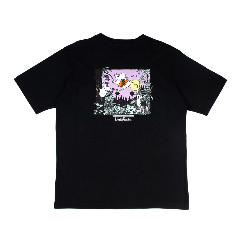 2. Black Moomin unisex t-shirt with colorful jungle design on back, displayed on a white background