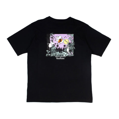 2. Black Moomin unisex t-shirt with colorful jungle design on back, displayed on a white background